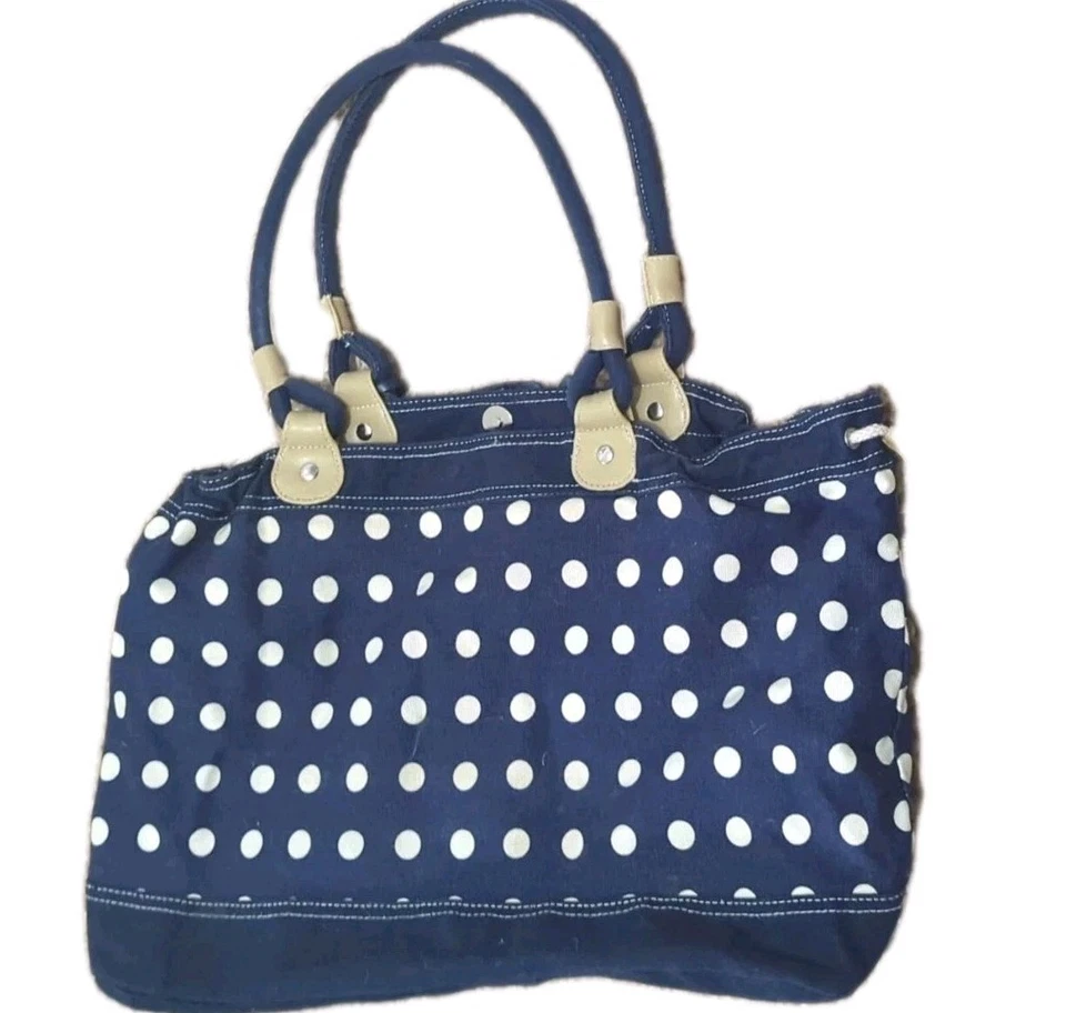 Джинсовая ручная сумка с короткими ручками морской якорь темно-синий белый горошек веревки акцент пляж сумочка - Изображение 3 из 4