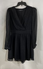 Mango MNG Women's Black Studded V-Neck Long Sleeve Chiffon Mini Dress Sz XS
