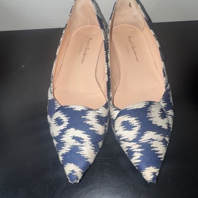 Rupert Sanderson London Blue & White Flats Toe  Sz 38.5 US 7.5-8 Made In Italy