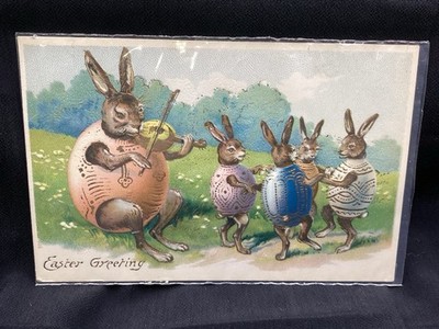 Easter Postcard Rabbit Playing Fiddle Litho Gold Accents Germany 1909 Antique