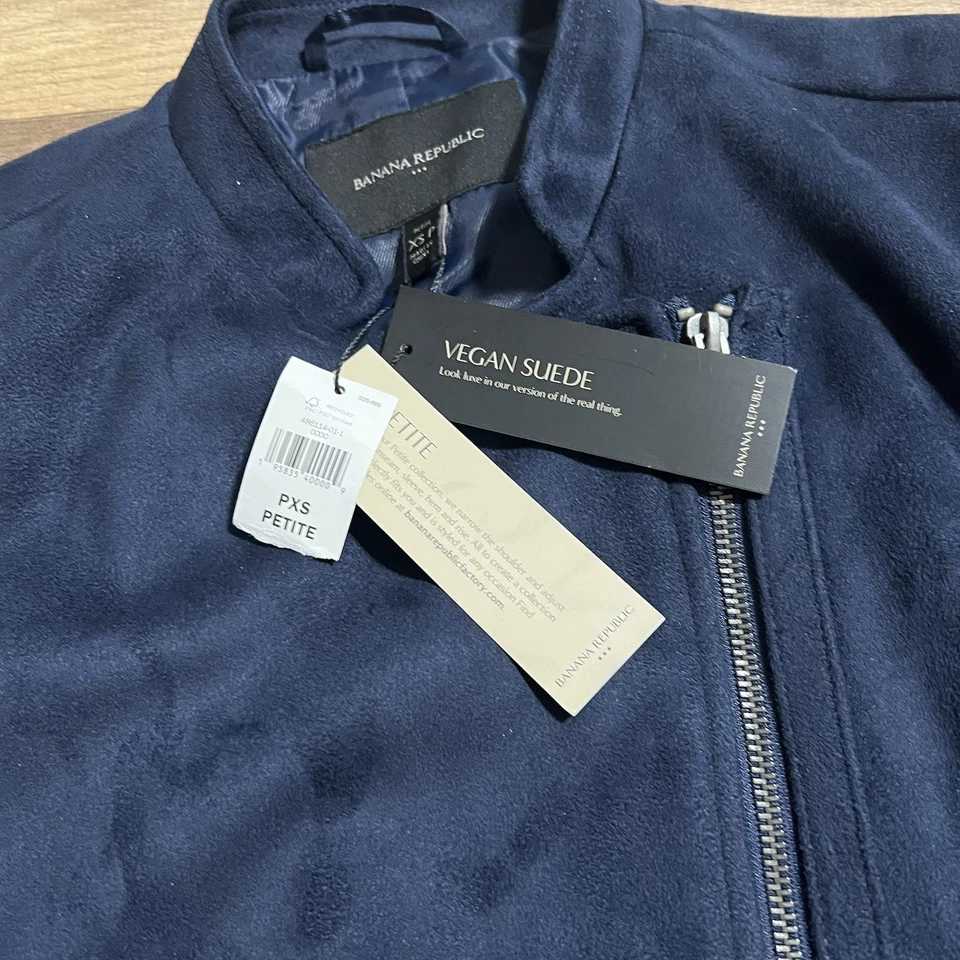 Banana Republic Vegan Suede Moto Jacket Full Zip Lined Navy Blue XS P Petite NEW - Image 4 of 4
