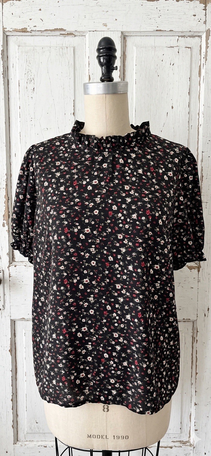 Vintage 90s Ditsy Floral Blouse L Black Ruffle Mock Neck Puff Sleeve Cottagecore