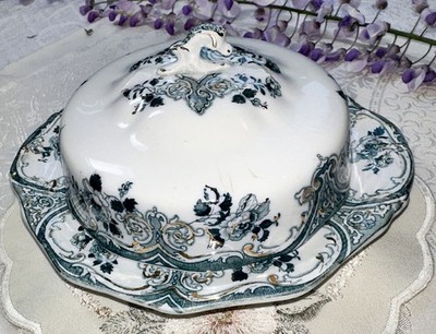 Antique 1897 WH Grindley England Blue-Green Merion Covered BUTTER  292397