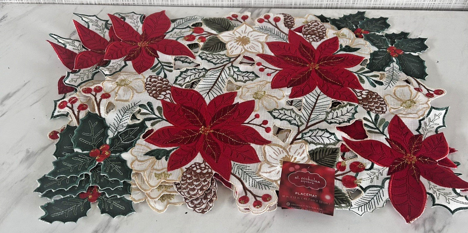 Christmas Placemats Poinsettia Holly Berries Green Red Cutouts Lot of 4 BxQ&CC