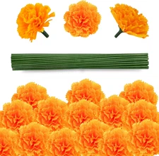 50 Pcs Artificial Marigold Flowers,2" Silk Marigold Flower Heads with Stems,Oran