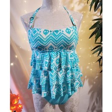 Island Waves Ikat Two-Piece Tiered Ruffle Tankini Women's S Halter Blue/White