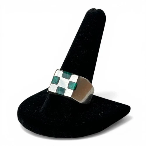 Vintage Taxco Sterling Silver Ring with Green Malachite Inlays Size 12