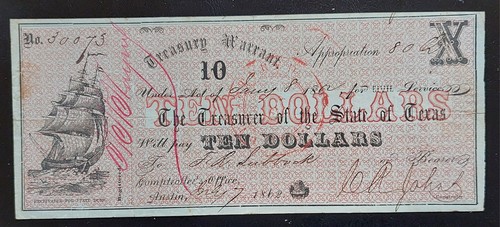 BILLETE OBSOLETO DE GARANTÍA DEL TESORO DE 1862 ESTADO DE TEXAS *XF - Imagen 5 de 14