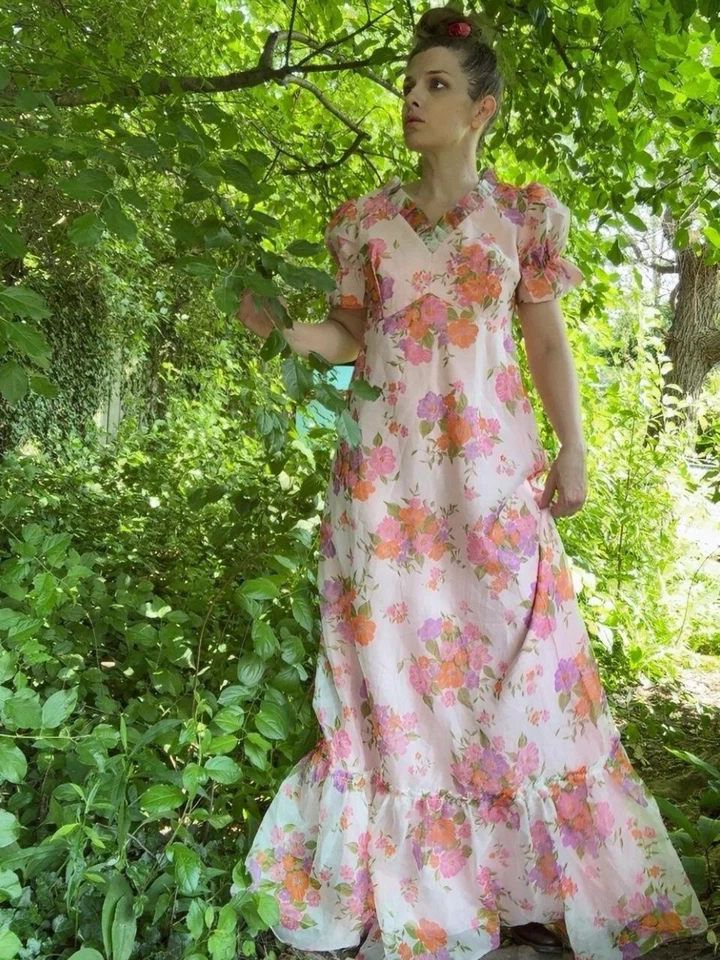 Maxi Vestido Largo Pradera Cottage Manga Abullonada Años 70 Estampado Floral Talla S M Foto 2 de 4
