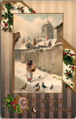 Christmas Greetings Snow Covered Town Church Holly c1910 John Winsch Postcard