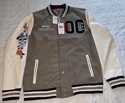 Ring of Fire Varsity Jacket M Gray Skull Roses Embroidered Logo