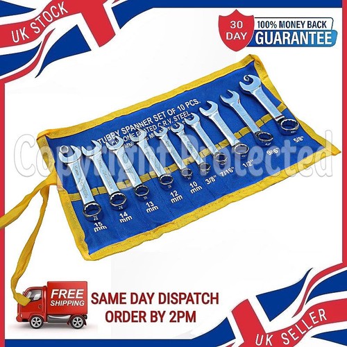 10PC STUBBY SPANNER SET COMBINATION COMBI WRENCH METRIC IMPERIAL OPEN RING END - Picture 3 of 4