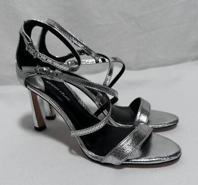 Antonio Melani Sandals Heels 7.5M Pumps Shoes Leather Strap Stiletto Silver $110