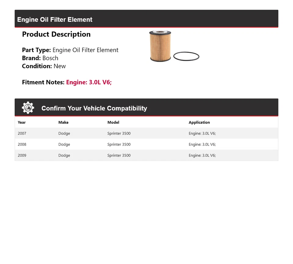 Filtro de aceite Bosch Premium 2008 para Dodge Sprinter 3500 2007-2009 3,0 L V6 Foto 2 de 3