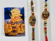 2 Rakhi+ Roli tika WRIST BAND-FRIENDSHIP BROTHER BRACELET-LOT 2-HINDU-USA SELLER