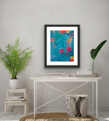 Abstract Art Original Canvas Acrylic Bright Colorful Blue Cheerful Texture #27