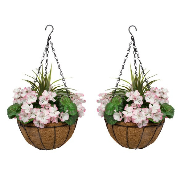 GreenBrokers 2x Artificial Pink Geranium Round Coir Hanging Basket