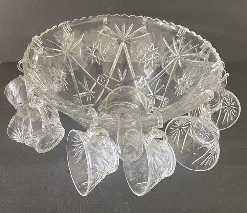 Anchor Hocking Glass Clear Early American Prescut Punch Bowl Cups Hooks 26 Piece