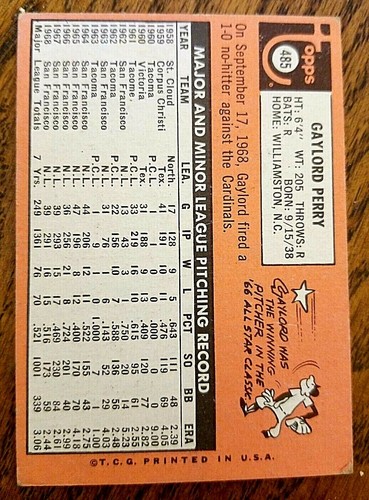 Topps * GAYLORD PERRY * 1969 Card No. 485 ~ S.F. Giants - Bild 2 von 6