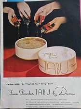 1945 Dana Tabu Perfume Lápiz Labial Polvo Facial Anuncio Cosmético De Colección
