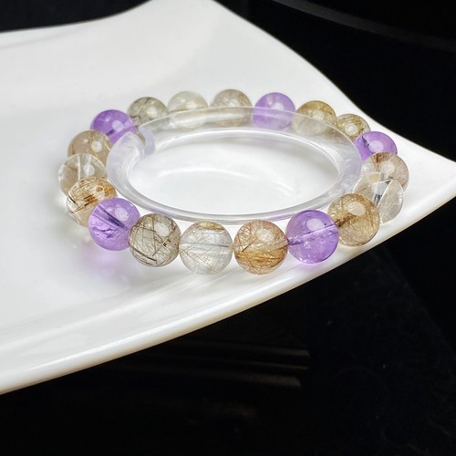 10mm Natural Silver Rutilated Amethyst Quartz Stretch Crystal Beads Bracelet - Picture 6 of 6
