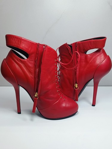 Giuseppe Zanotti rare vintage Red Leather Ankle Booties Lace-up size 38 1/2 - Picture 4 of 24