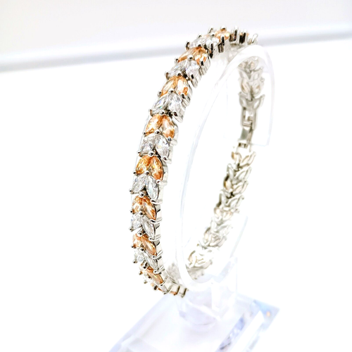 Clear & Honey Rhinestones Tennis Bracelet 7" Marquise Cut Double Row Silver Tone - Picture 7 of 8