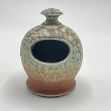 Studio Art Pottery Signed Salt Pig Vessel Cellar Speckle Green Brown Orange