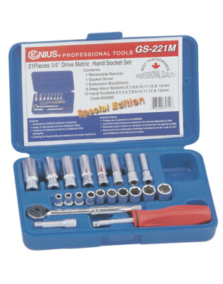 21 STÜCK 1/4 ZOLL STECKSCHLÜSSEL, RATSCHE & VERLÄNGERUNGSSTAB SET 3-14 MM VON GENIUS TOOLS