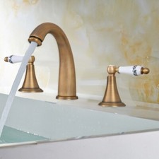 Antique Brass Bathroom Sink Faucet 2 Ceramic Handle 3 Hole Widespread Mixer Tap