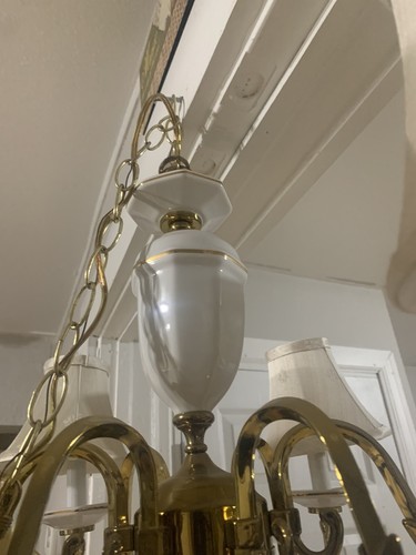 Vintage Gold / White / Brass & Porcelain Ornate Chandelier 6 Arm Lights - Picture 6 of 11