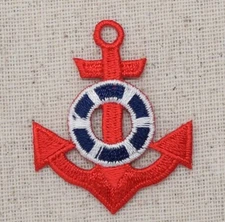 Iron On Embroidered Applique Patch NAUTICAL Red Anchor Blue/White Life Preserver