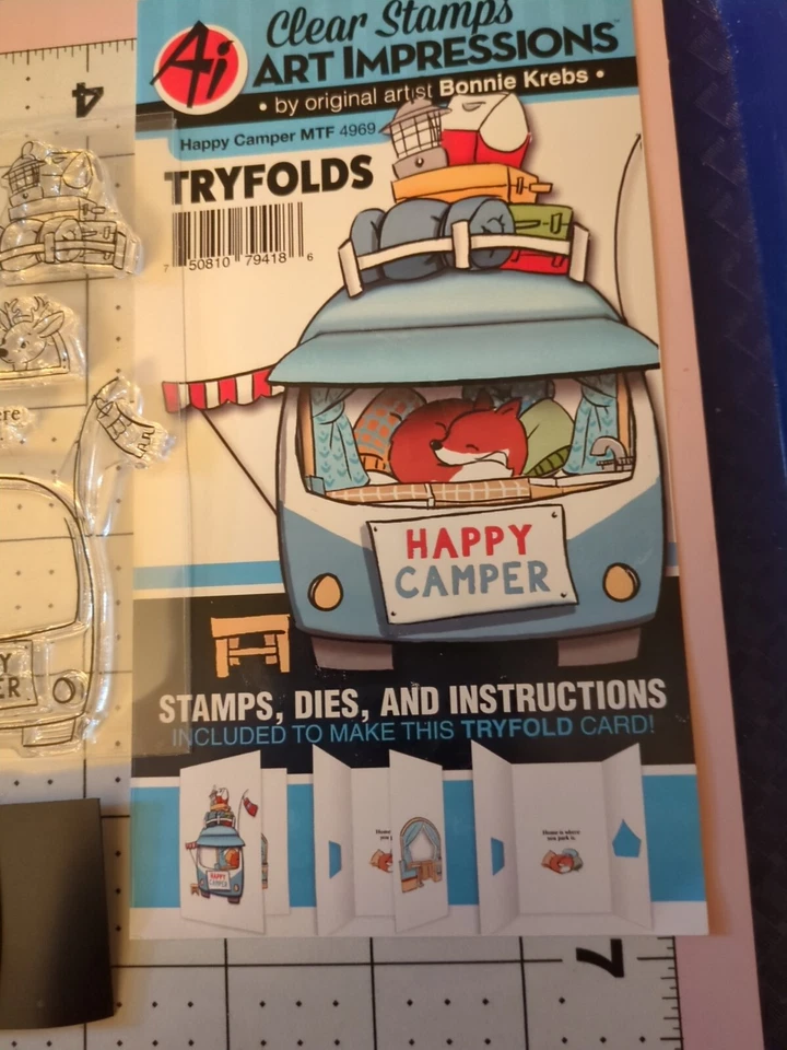 Sello acrílico metal troquelado herramienta arte impresiones Tryfold Happy Camper Vaca Foto 4 de 4