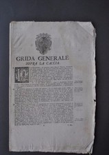 Diritto Grida Caccia Armi Animali Nidi Fagiani Daini Cervi Reti Colombi 1758