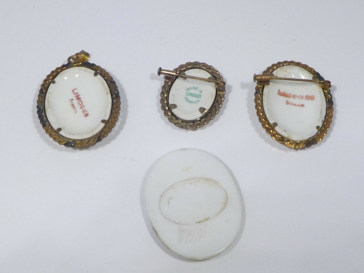 3 LIMOGES SIGNED PAINTED PINS AND ONE LIMOGES DIMINUTIVE PLAQUE | eBay