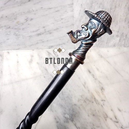 Hand Carved Spiral Wooden Cane Antique Sherlock Holmes Head Handle Walking Stick - Picture 2 of 6