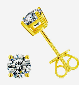 Authentic Yellow Gold Plated Round Clear Simulated CZ Prong Stud Earrings