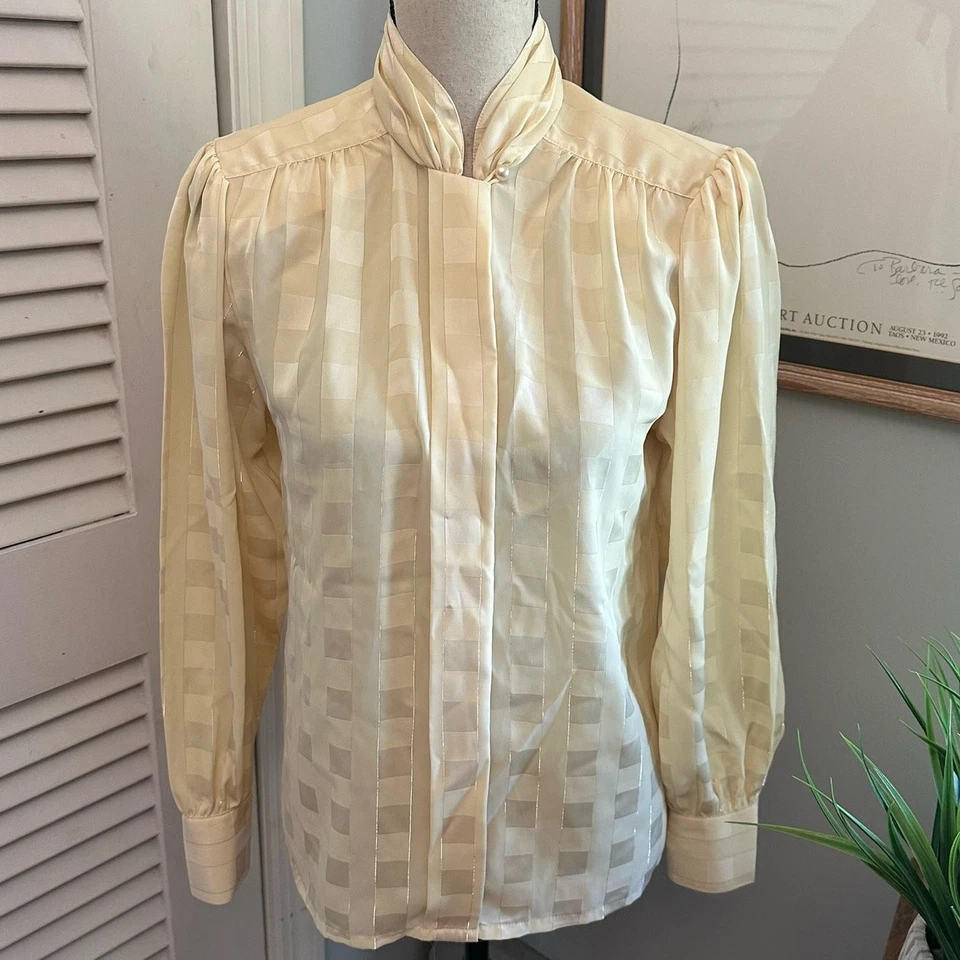 Blusa vintage JOSEPHINE para mujer cuello alto manga abullonada retro años 80 preppy carrera Foto 3 de 4