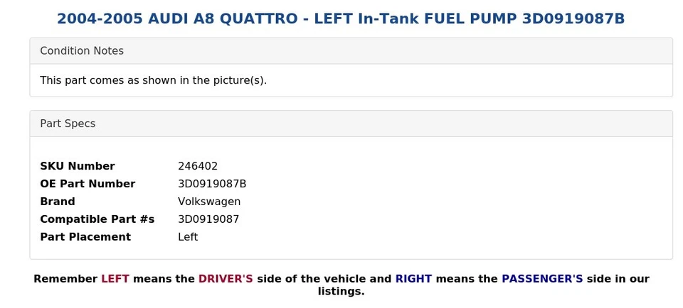AUDI A8 QUATTRO 2004-2005 - BOMBA DE COMBUSTIBLE IZQUIERDA EN TANQUE 3D0919087B Foto 3 de 4