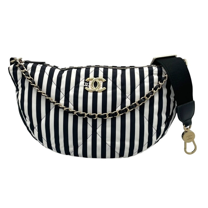 CHANEL Black White Nylon Hobo Bag with Gold Hardware AS4698 #774