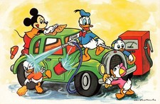 WALT DISNEY POSTCARD: MICKEY MOUSE DONALD DUCK & NEPHEWS CAR WASH JAPAN PRINT