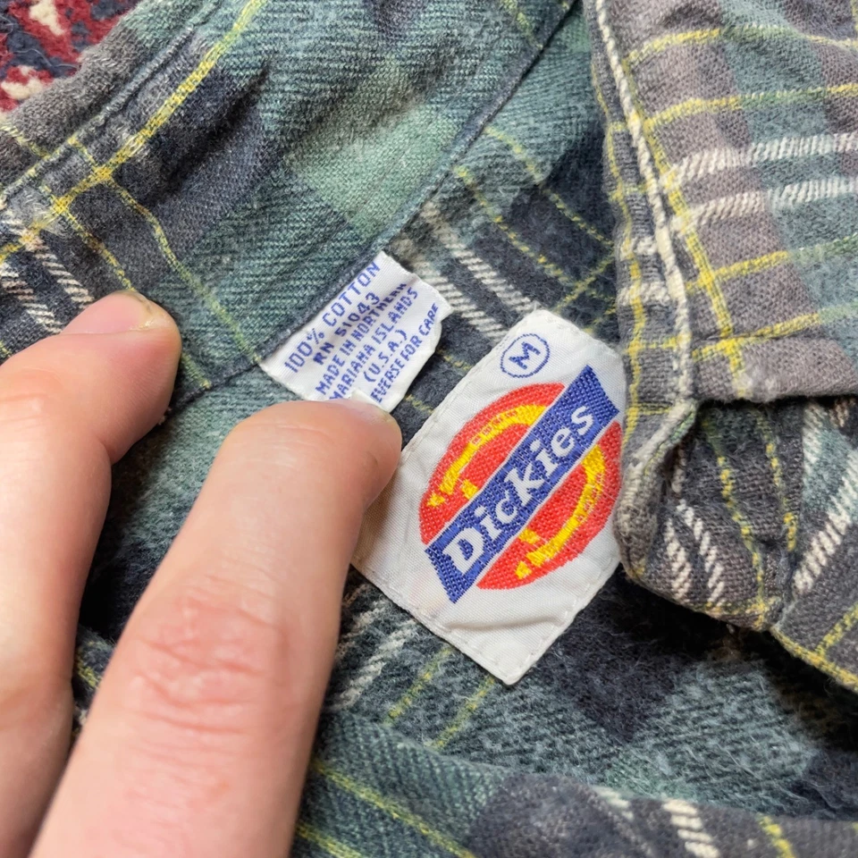 VTG 70s 80s Dickies Men's Plaid Flannel Long Sleeve Shirt Green brown Size M - Image 3 of 4