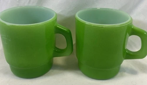 Lot Of 2 - Anchor Hocking Milk Glass Green Coffee Cups / Mugs Made In USA Vtg.