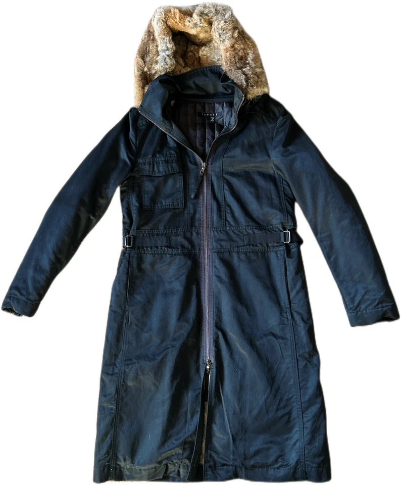 $995 THEORY Black Fur Lined & Hooded Parka Jacket Size S - Image 2 of 4