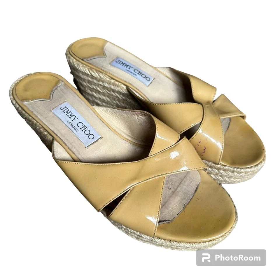Jimmy Choo Paisley Entrecruzada Sandalia Alpargata Beige Patente Cuña Talla 40 Foto 3 de 4