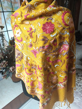 KASHMIR HAND EMBROIDERY CREWEL LARGE Golden amber color 100 CASHMERE PASHMINA