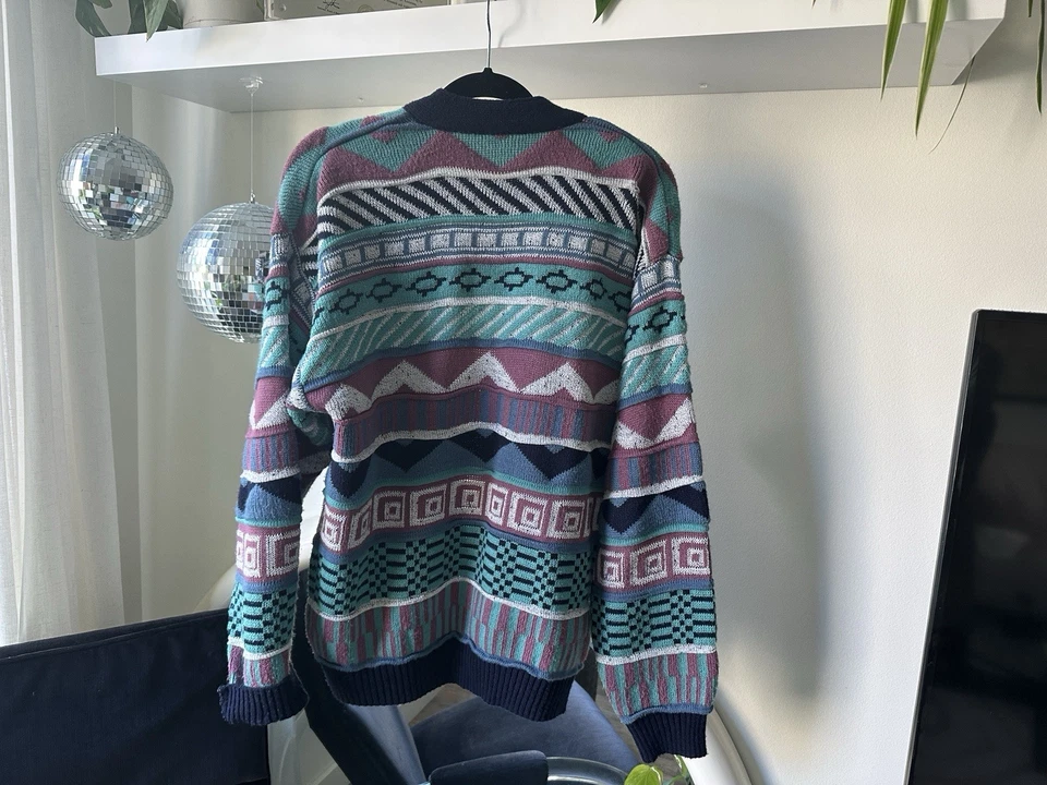 复古多彩开衫男式特大号几何阿兹特克绿松石粉色蓝色 — 第 4/4 张图片