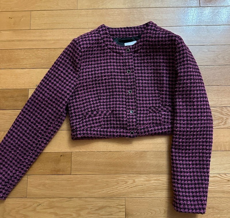 ZARA Women Wool Blend Purple Pink Tweed Cropped Jacket XL