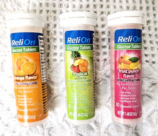 ReliOn glucose tablets, 10 tablets, 3 pack. Tropical, Orange and Fruit punch