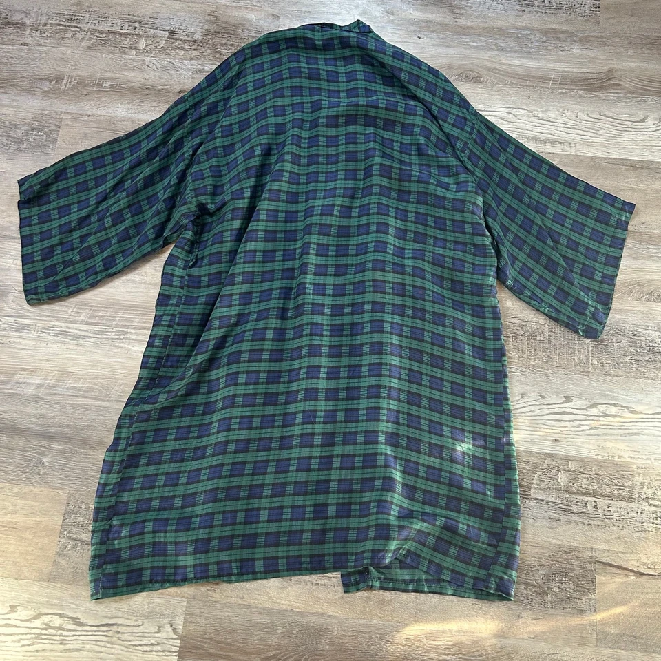 Addiction Kimono Robe 100% Silk Green Navy Plaid Open Front Duster Jacket - Image 3 of 4